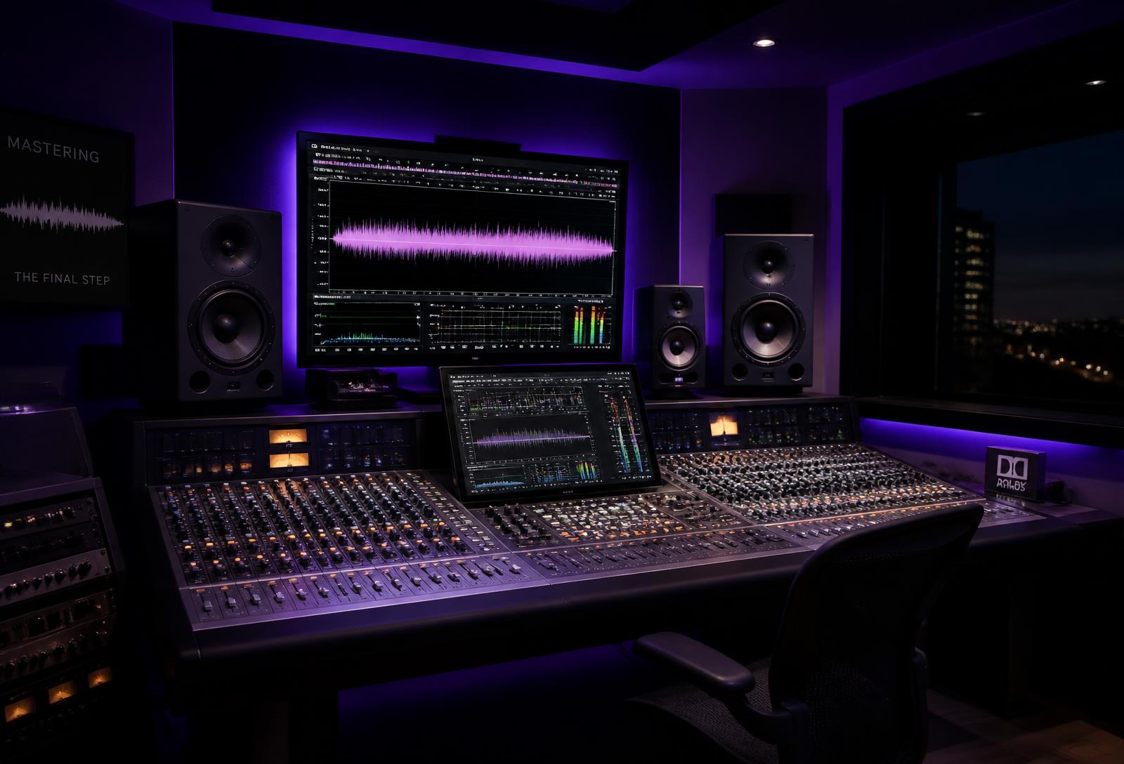 Mastering studio console with audio waveforms on screen